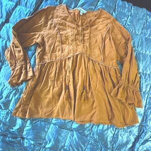 Tantrums Linen & Cotton Monochrome Brown Boho Blouse with Embroidery & Tassels!